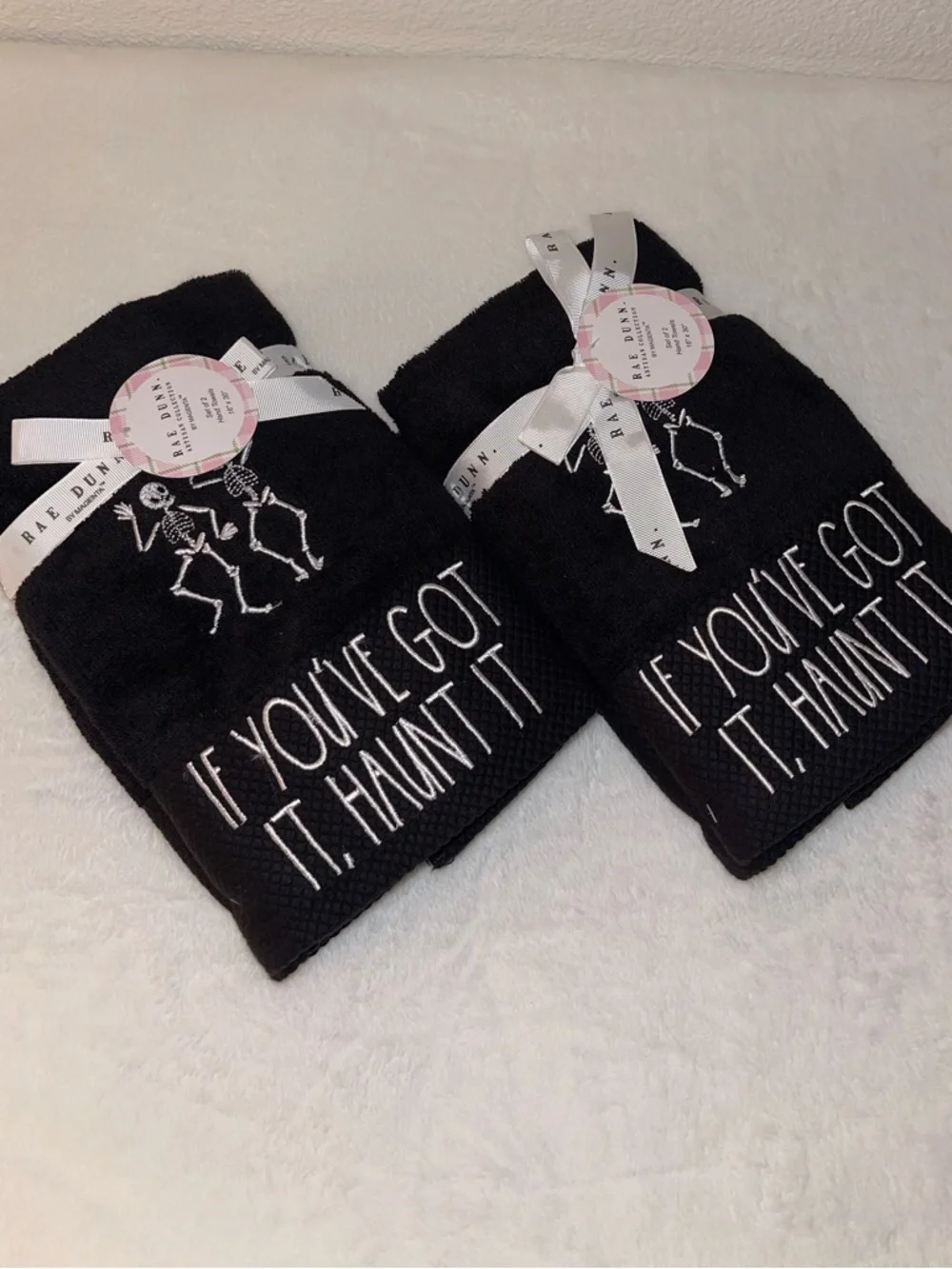 TWO SETS of 2 - Rae Dunn Black Halloween Skeleton Hand Towels - NWT